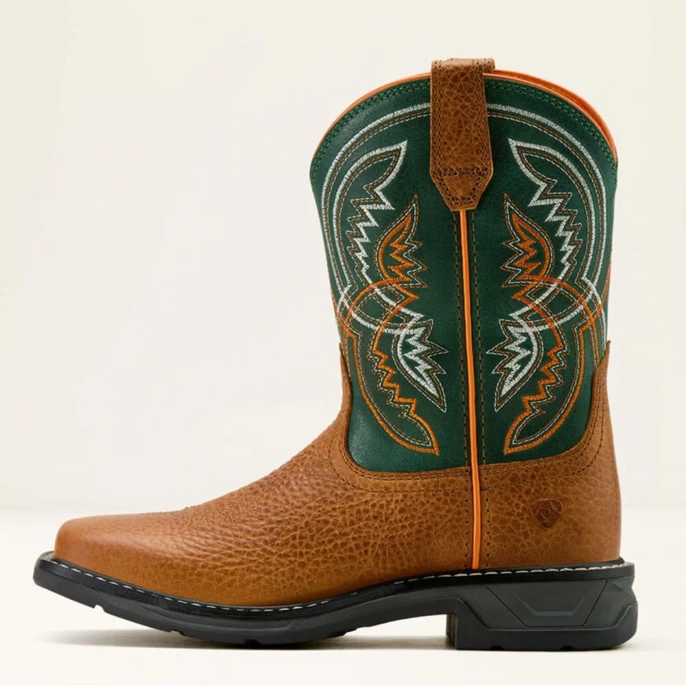 Ariat | Kids Brown Leather Orange/Green Design WorkHog XT Coil Western Boot 3.5